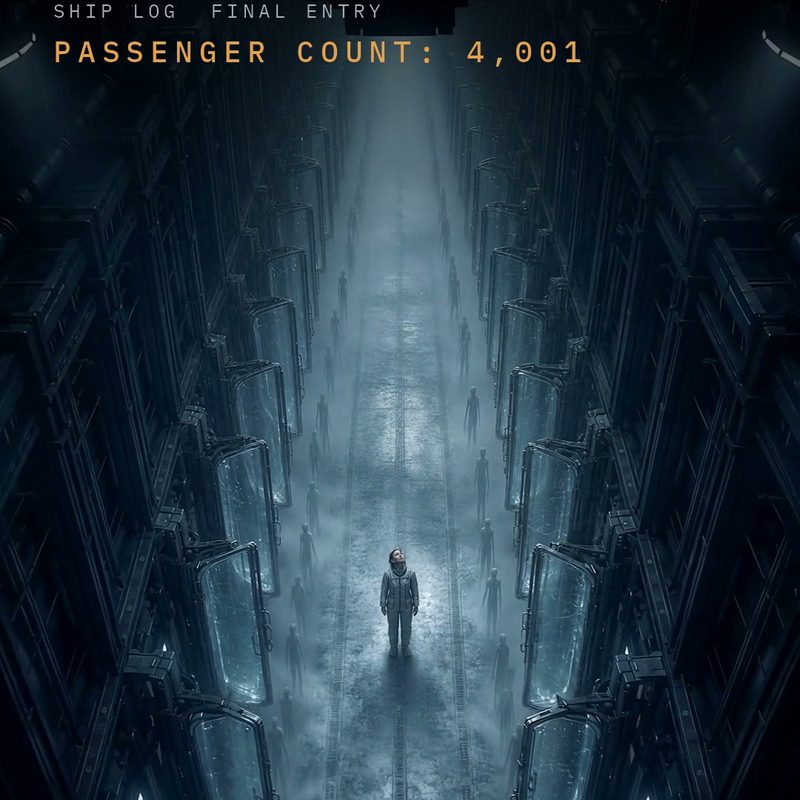 Ship log, final entry: passenger count 4,001, a lone survivor among the figures in the pod corridor